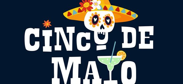 Mexican holiday Cinco de Mayo greeting card, invitation. Text, flowers and margarita drink cocktail illustration. Ornamental skull with sombrero hat. Web banner, vector background. Flat design.