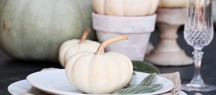 Farmhouse style Thanksgiving Day or Halloween place setting with heirloom mini white and grey pumpkins.