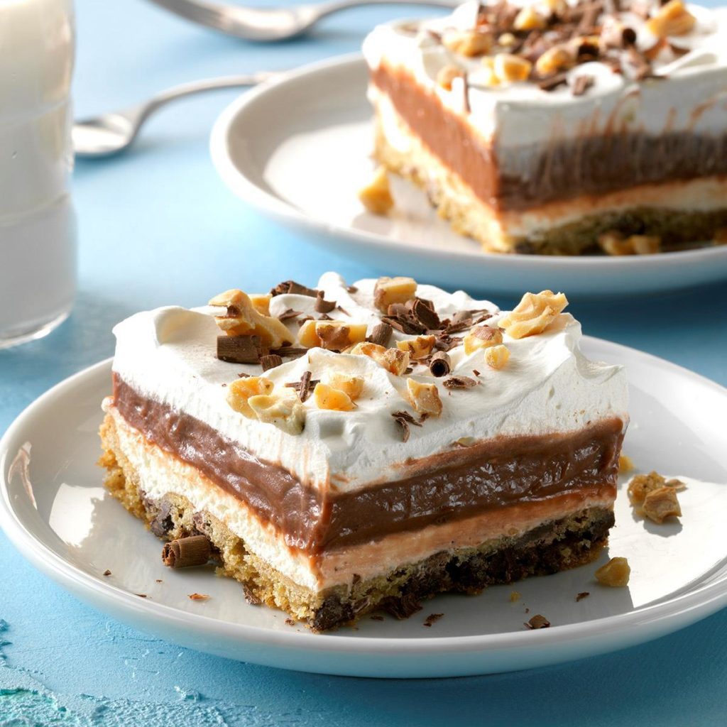 Chocolate chip cookie delight, with layers, whipped cream and toppings