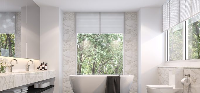 Luxurious bathroom with natural views 3d render,The room has black tile floors, white marble walls, There are large windows sunlight shining into the room.