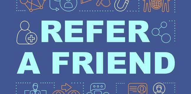 Refer a Friend image with graphics of people talking