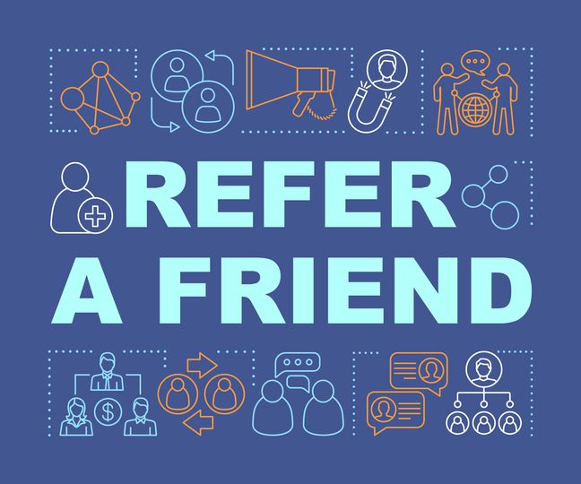 Refer a Friend image with graphics of people talking