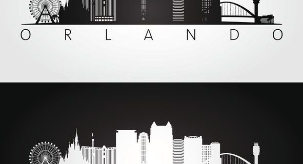 Orlando USA skyline and landmarks silhouette, black and white design, vector illustration.