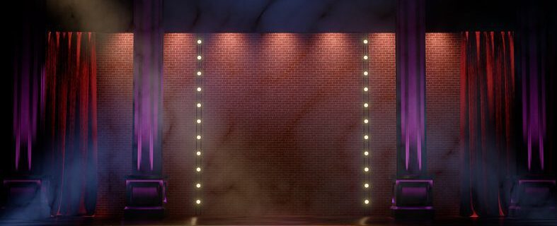 Dark empty stage with spot lights. Comedy, Standup, cabaret, night club stage 3d render.