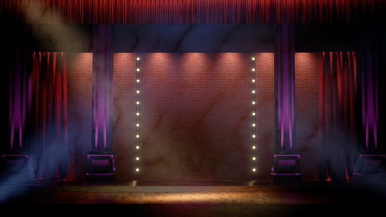 Dark empty stage with spot lights. Comedy, Standup, cabaret, night club stage 3d render.