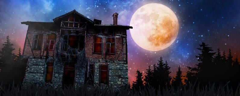 halloween creepy haunted old house and full moon