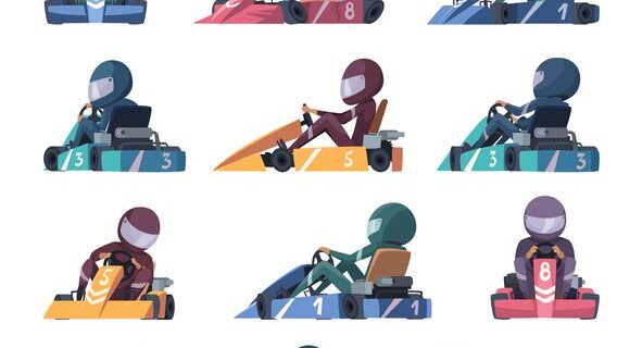 Karting cars. Fast racers speed karting machines on road vector cartoon illustration. Racer driver speed, competition vehicle cart
