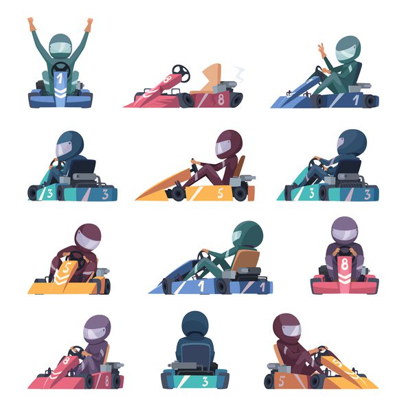 Karting cars. Fast racers speed karting machines on road vector cartoon illustration. Racer driver speed, competition vehicle cart
