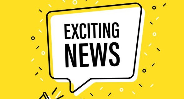 Yellow background with megaphone and speech bubble that says Exciting News