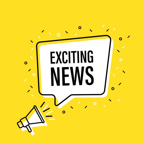 Yellow background with megaphone and speech bubble that says Exciting News