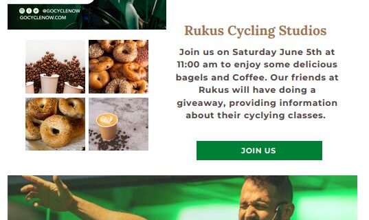 Flyer for The Addison's Breakfast Club Rukus Cycling Studios. Join us on Saturday June 5th at 11:00am to enjoy some delicious bagels and Cofee. Our friends at Rukus will have doing a giveaway, providing information about their cycling classes