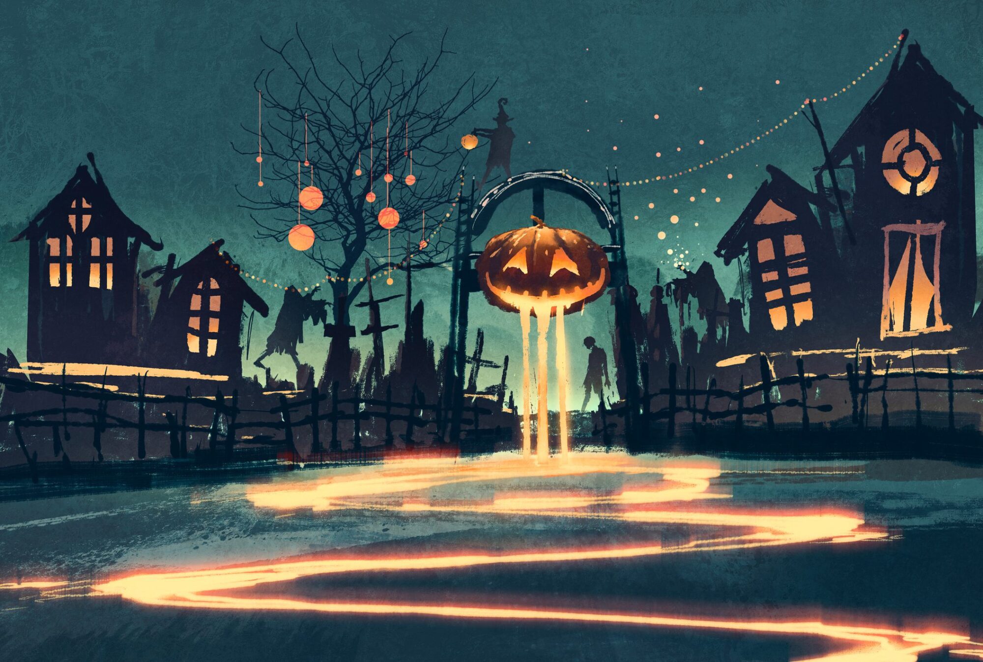 Halloween night with pumpkin and haunted houses,illustration painting