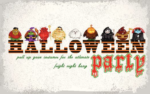 Halloween party graphic that says pull up your costumes for the ultimate fright night bang party
