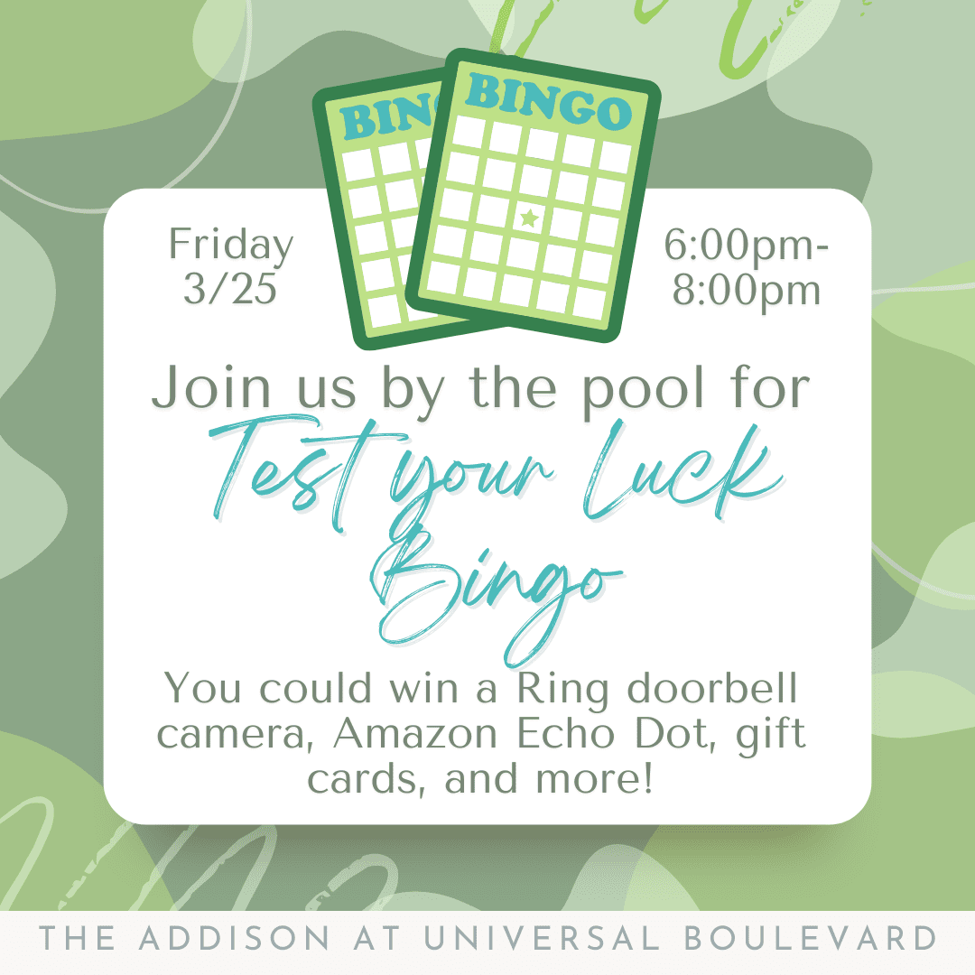 Flyer for test your luck bingo- Image says Friday 3/25 6-8pm to win a ring doorbell, amazon echo dot, gift cards and more