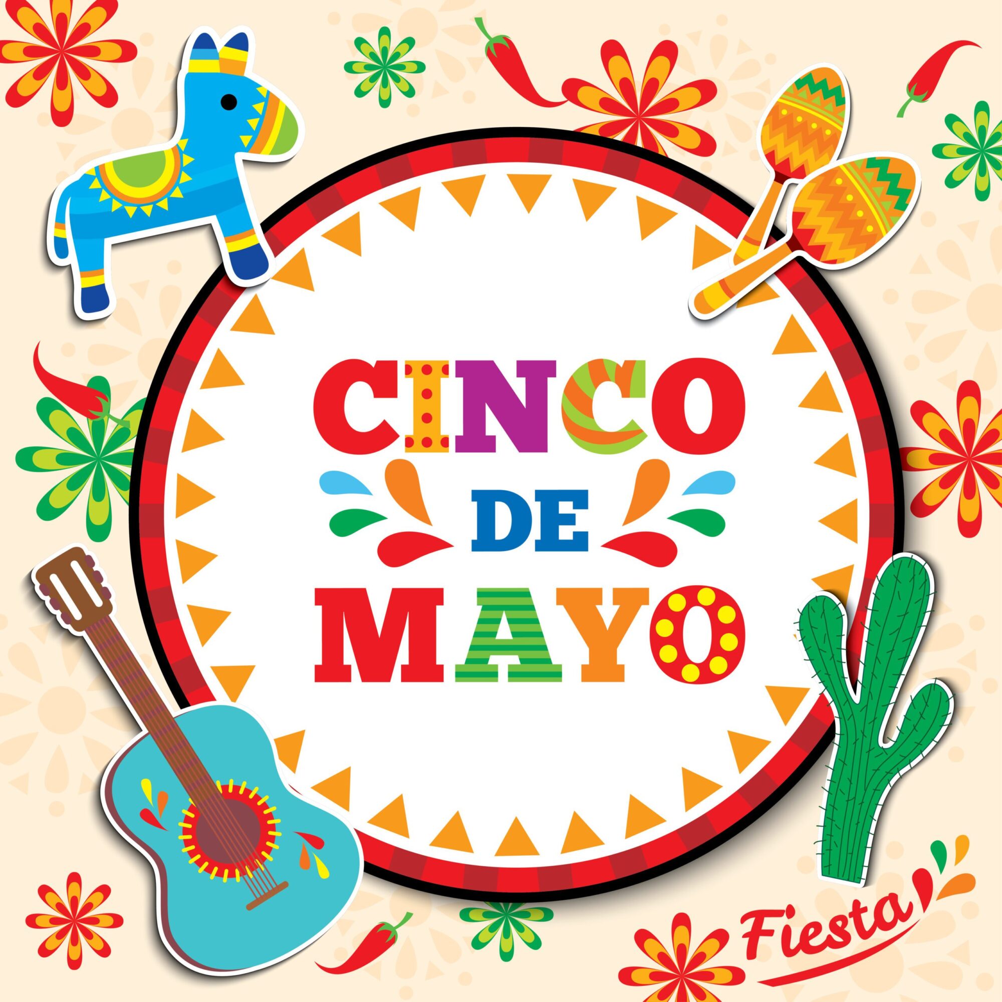 Cinco de Mayo sign with guitar, pinata, cactus and maracas