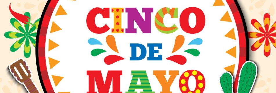 Cinco de Mayo sign with guitar, pinata, cactus and maracas
