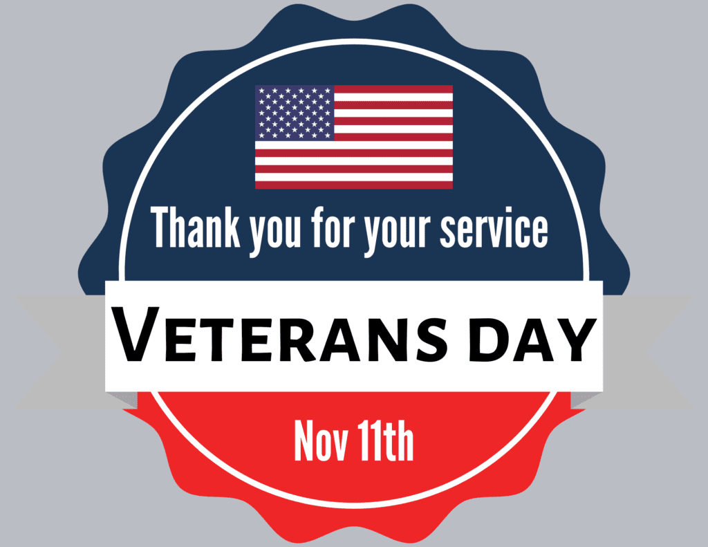 Red white and blue graphic with american flag that says: Thank you for your service Veterans Day Nov 11th