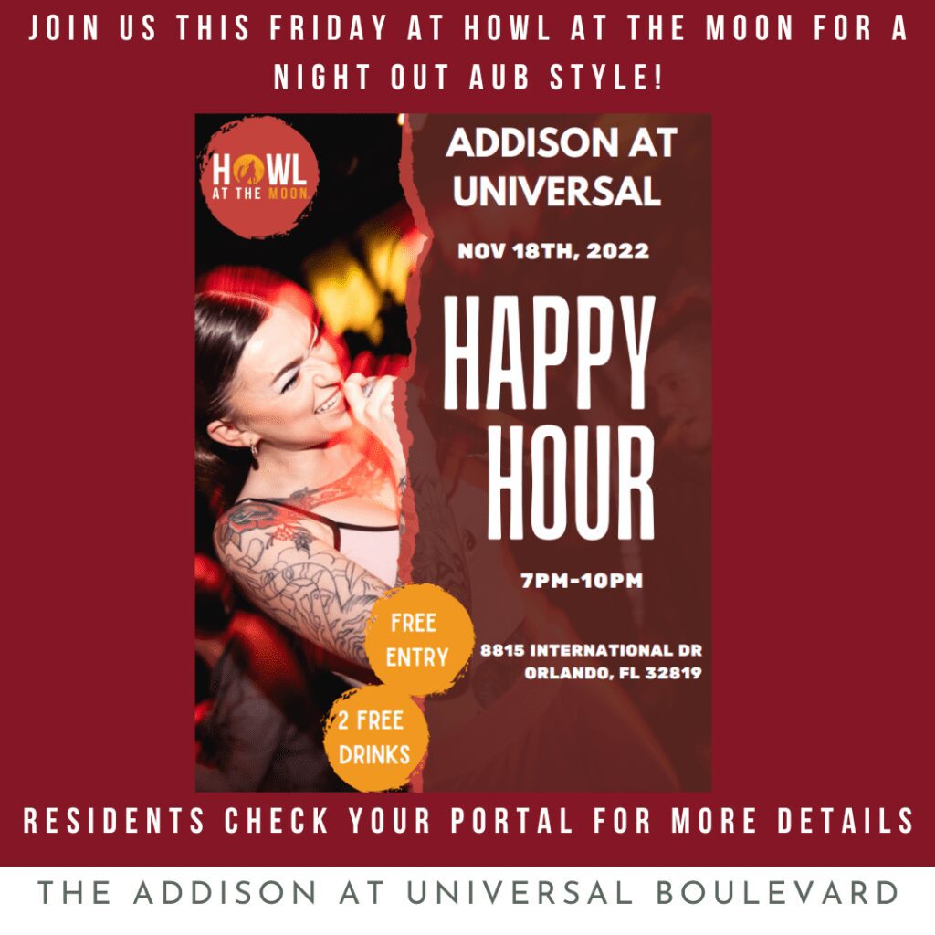 Flyer for Howl at the Moon Happy Hour event
