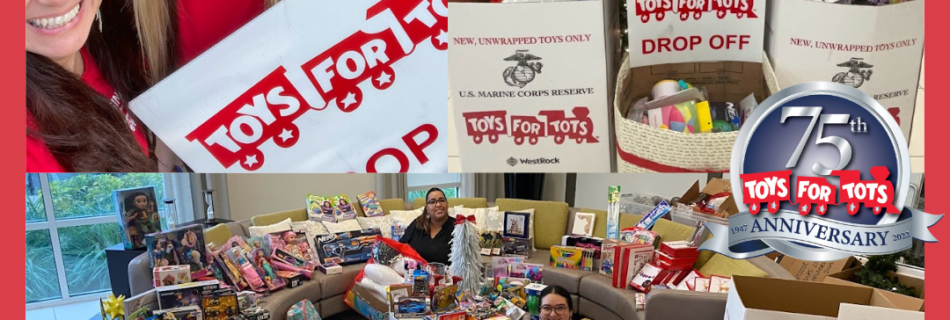 Photo collage of toys for tots donations