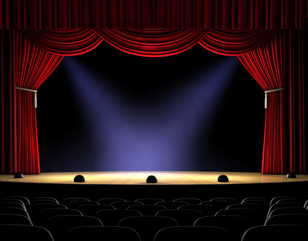 Theatre stage with red curtain and spotlights on the stage floor