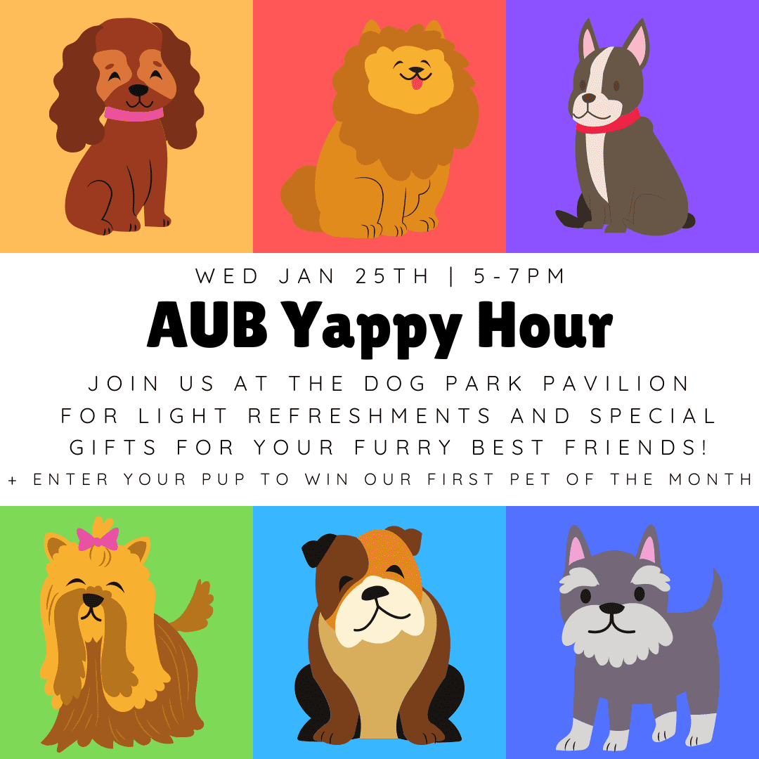 Flyer for AUB Yappy Hour featuring several animated dogs on a multi-color background