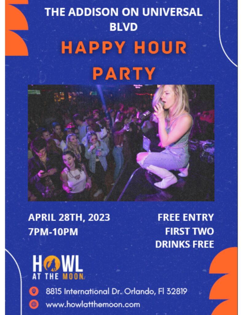 The Addison at Universal Boulevard Happy Hour Party Flyer/ Girl singing on stage with a crowd of people