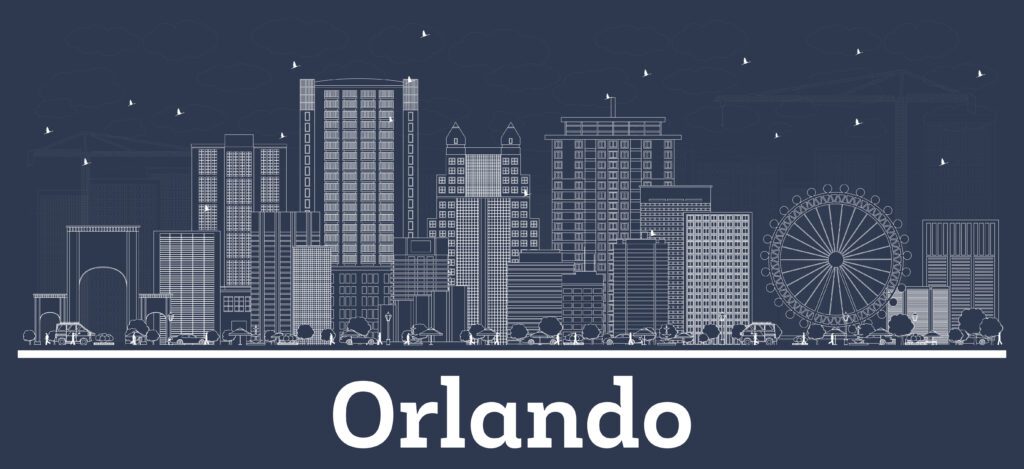Outline Orlando Florida City Skyline with White Buildings. Vector Illustration. Business Travel and Tourism Concept with Historic Architecture. Orlando USA Cityscape with Landmarks.