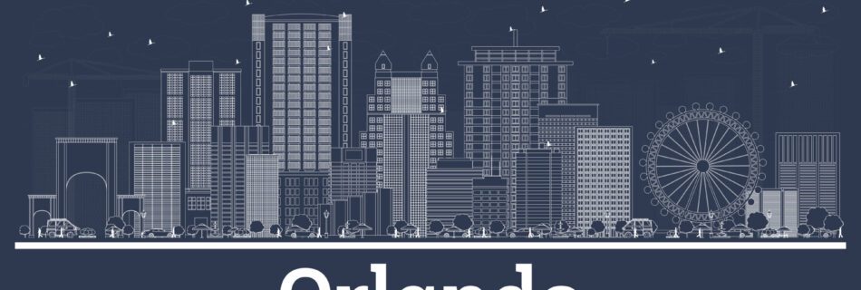 Outline Orlando Florida City Skyline with White Buildings. Vector Illustration. Business Travel and Tourism Concept with Historic Architecture. Orlando USA Cityscape with Landmarks.