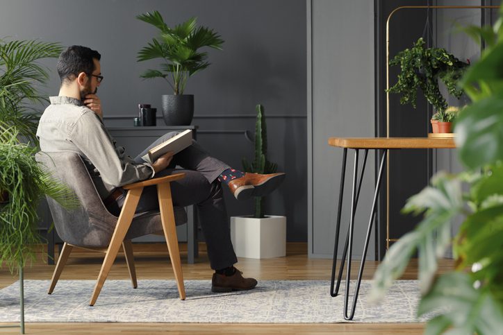 Modern man reading book while sitting in grey armchair in trendy interior with plants