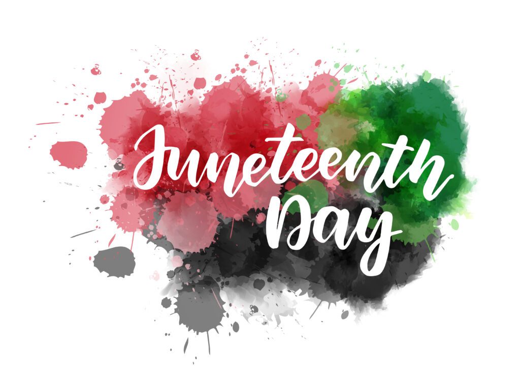 Juneteenth - handwritten lettering on abstract painted splash background. Handwritten modern calligraphy handlettering. Freedom Day concept.