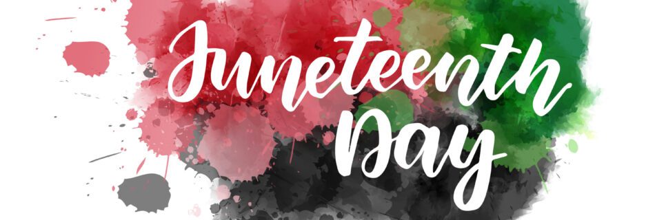 Juneteenth - handwritten lettering on abstract painted splash background. Handwritten modern calligraphy handlettering. Freedom Day concept.