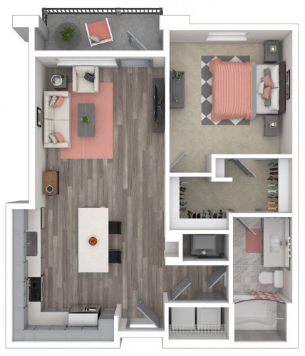 The MUSE One Bedroom/One Bath, 821 Total SF with Balcony/Patio